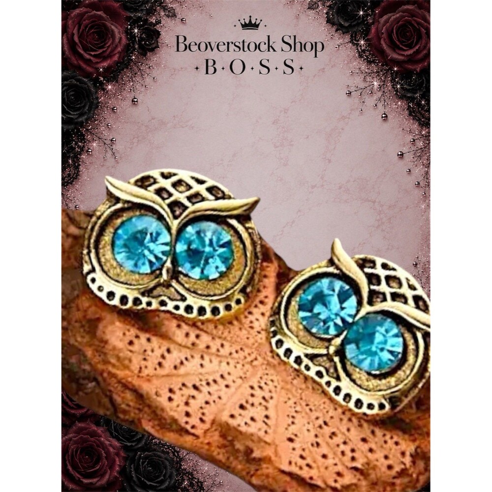 New Blue Rhinestone Whimsical Owl Head Earrings Gold Tone Alloy Stud Earring